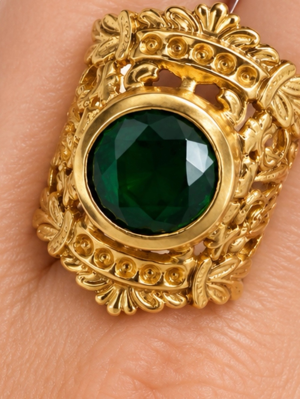 Gold Statement Ring with Emerald Green Stone